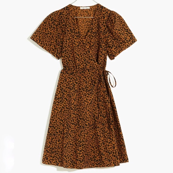 Madewell Petite Flutter-Sleeve Wrap Mini Dress in Painted Leopard - Picture 1 of 7